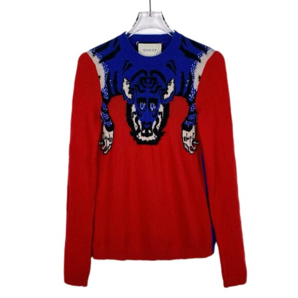 005016 Gucci Tiger pattern intarsia round neck colorblock wool